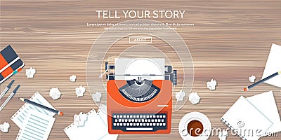 Vector illustration with flat typewrite. Tell your story. Author. Blogging. Vector Illustration