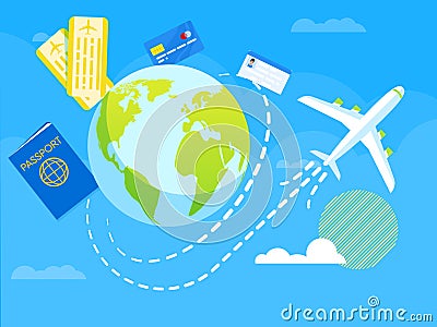 Vector Illustration Flight Around World Flat. Vector Illustration