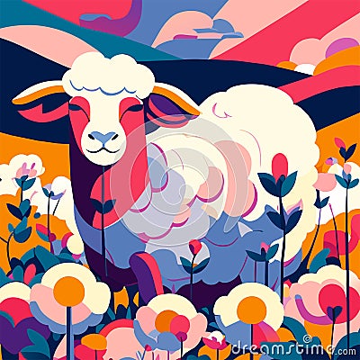 Vector illustration of a flock of sheep on a background of flowers. Generative AI Vector Illustration