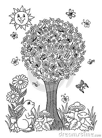 Vector illustration on a flowering tree and butterflies have settled rabbit watches them. The work Made in manually. Book Coloring Cartoon Illustration