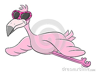 Flying cartoon flamingo with sunglasses Vector Illustration