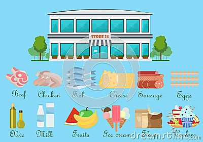 Vector illustration of Food, drink icons set or design elements with supermarket building store concept. Vector Illustration