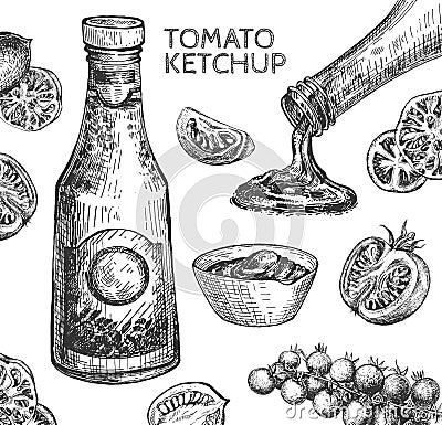 Tomato ketchup, veggies still life Vector Illustration