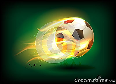 Vector illustration of a football, soccer ball in a fiery flame on a green field Vector Illustration