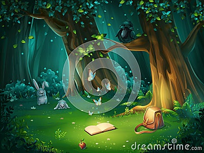 Vector illustration of a forest glade with raven and book Vector Illustration