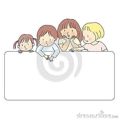 Vector illustration of four little kids, boy & girls, pointing and looking at blank template for presentation, brochure or banner Cartoon Illustration