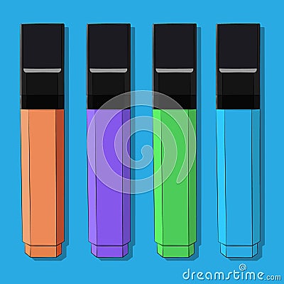 Vector illustration of four rectangular markers of orange, violet, green and blue color with black caps with a black stroke on a Cartoon Illustration