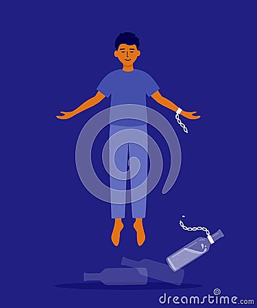 Vector illustration of freedom, release from alcohol addiction with happy man flying after breaks chain with bottle Vector Illustration
