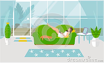 Vector illustration of freelance work. A girl is working on a computer and is lying on a sofa with a cat at home Vector Illustration