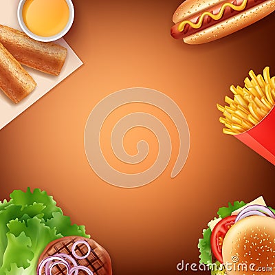 Vector illustration of French fries, hot dog, cheeseburger , fried patty with sauce and grilled meat with vegetables Vector Illustration