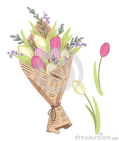 Vector illustration of a fresh sprong flower bouquet of tulips, wrapped in craft paper Vector Illustration