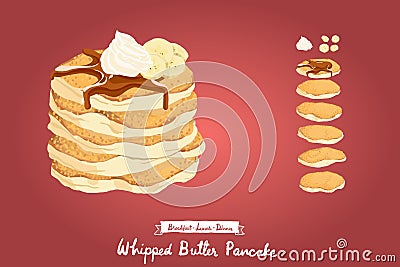 Vector illustration of fried Pancakes topping with syrup, whipped cream and bananas Vector Illustration