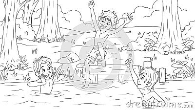 Vector illustration, friends teenagers have fun bathing in nature in a pond in summer Vector Illustration