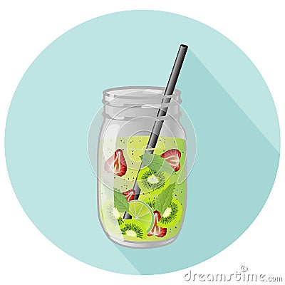 Vector illustration of fruit infused home made water or agua fresco in mason jar with a black straw and long shadow design. Vector Illustration