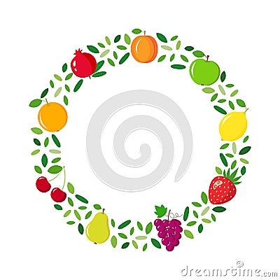 Vector illustration of fruit wreath from apple citrus strawberry grapes cherries pear pomegranate decorated with green leaves. Vector Illustration