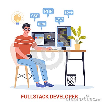 Vector illustration of a full stack developer working on computer. Vector Illustration