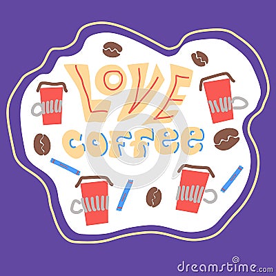 Vector illustration of fun red cups of coffee with steam and sugar on violet and white background. Coffee time concept Vector Illustration