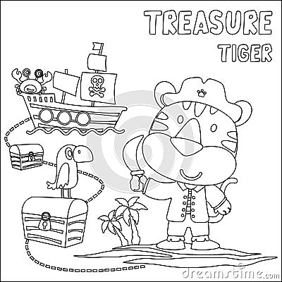 Vector illustration of funny animal pirate with treasure chest, Childish design for kids activity colouring book or page Vector Illustration