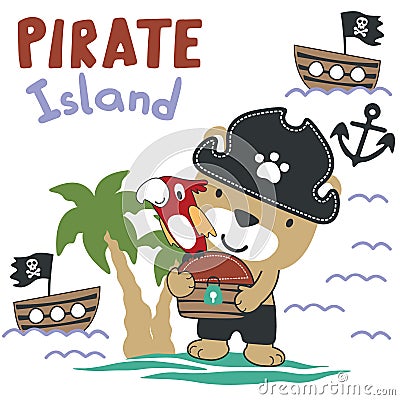 Vector illustration of funny animal pirate with treasure chest, suitable for stickers and t shirts kids baby, t shirt print design Vector Illustration