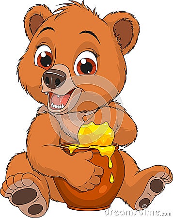 Funny bear with a pot of honey Vector Illustration