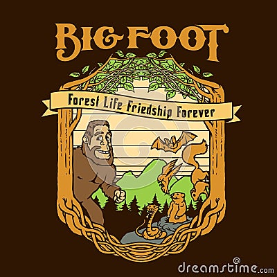 Funny Big Foot Accompanied by Bat Snake Bird Squirrel groundhog in the forest Vector Illustration