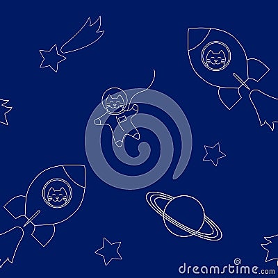 Vector illustration funny cats flying in space ship and space suit in outer space seamless pattern, white outlines Vector Illustration