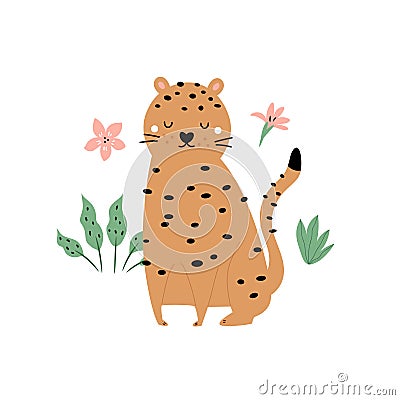 Vector illustration of a funny cheetah and tropical leaves Vector Illustration