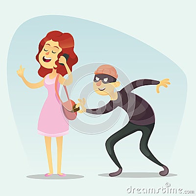 Vector illustration - funny comic Thief Steals a Purse from Hapless girl woman chat on phone Character Icon Cartoon Design Templat Cartoon Illustration