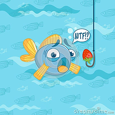 Vector illustration with funny fish and strawberry. Humor. Vector Illustration