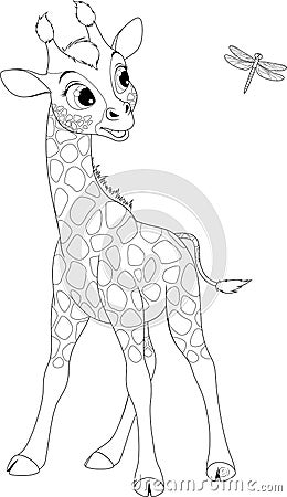 Funny little giraffe and dragonfly Vector Illustration