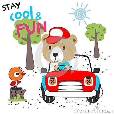 Vector illustration of funy bear driving the red car. Funny background cartoon style for kids. Little adventure with animals on Vector Illustration