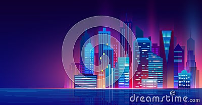 Vector illustration of futuristic night city with neon lights. Cityscape above the water, beautiful night modern city Vector Illustration