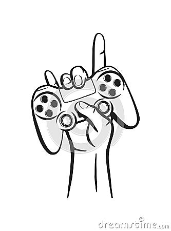 Vector illustration of a gamepad with hand and rock and roll sign.Logo for teen gamer with joystick for print and web. Image of a Cartoon Illustration