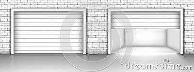 garage door in brick wall. Closed and open garage doors Vector Illustration