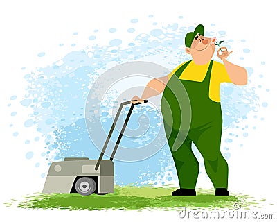 Gardener with a lawn mower Vector Illustration