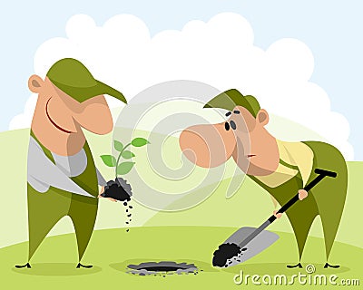 Gardeners planting a plant Vector Illustration