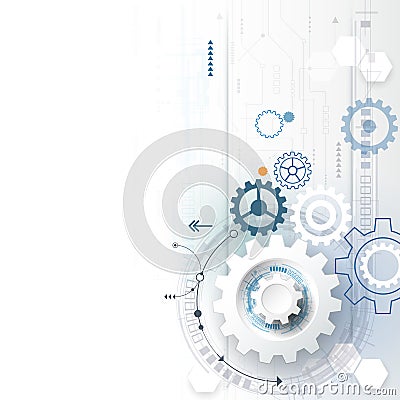 Vector illustration gear wheel, hexagons, circuit board. Abstract hi-tech technology and engineering background Vector Illustration