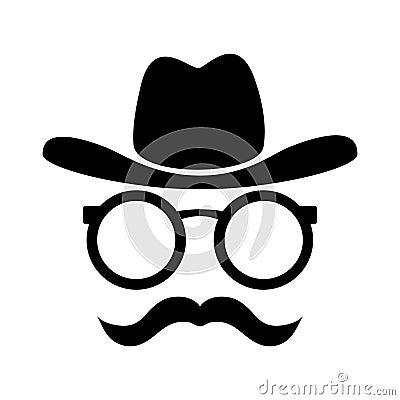 Gentleman or hipster silhouette with bowler hat, mustaches, glasses. can be used as logo for gentleman Vector Illustration