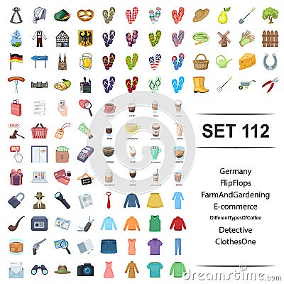Vector illustration of germany, flip flops, farm, gardening, ecommerce different type coffee detective clothes icon set. Vector Illustration