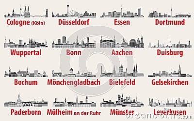 Vector illustration of Germany state North Rhine-Westphalia largest cities skylines icons in black and white color palette Vector Illustration