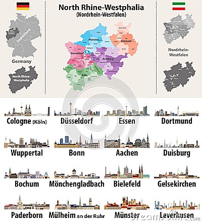Vector illustration of Germany state`s North Rhine-Westphlia map with largest cities skylines Vector Illustration