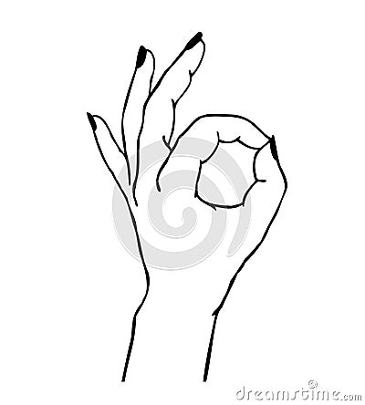 Vector illustration of gesture - female hand showing OK sign isolated on white Cartoon Illustration