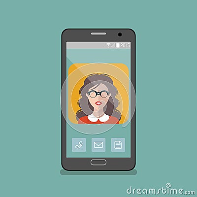 Vector illustration of girl in glasses app icon on smartphone display in flat style. Vector Illustration