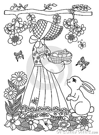 Vector illustration of a girl holding a a basket with chick and bunny watching her. The work Made in manually. Book Coloring anti- Cartoon Illustration