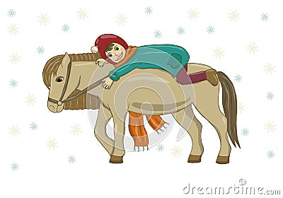 Vector illustration of a girl on a horse in winter clothes. In hat, overcoat, scarf, boots, trousers. Good mood. Snowflakes. Vector Illustration