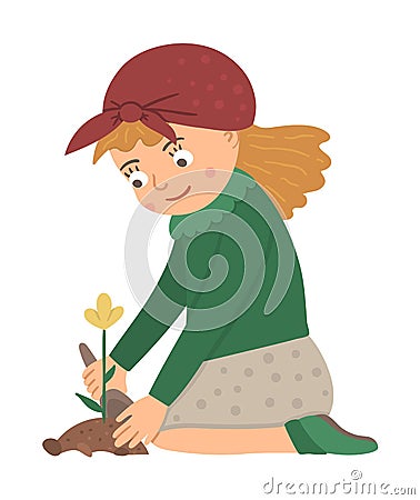 Vector illustration of a girl planting flower with a shovel isolated on white background. Cute kid doing garden work. Spring Vector Illustration