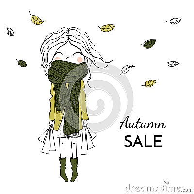 Girl with purchases in a big scarf Vector Illustration