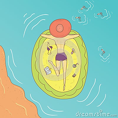Vector Illustration of a girl in swimsuit sunbathing and floating on air bed Vector Illustration