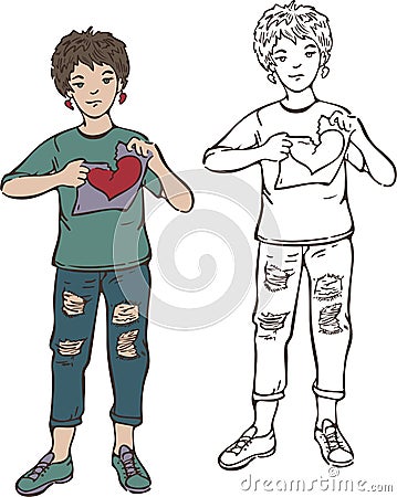 Vector illustration with girl tearing picture with heart, colored and silhouette. Vector Illustration