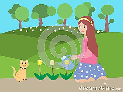 Vector illustration of a girl watering flower Vector Illustration